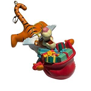 Disney Store Vintage 90s Angel Wing Tigger Ornament Santa Hat Christmas Sack Win